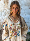 Retro Bohemian Floral Embroidered Linen Blend Comfy Shirt artswardrobe