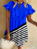 Geometric art ruffle short-sleeved V-neck button dress holiday beach dress
