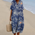 Comstylish Japanese Art Flower Print V-Neck Casual Midi Dress