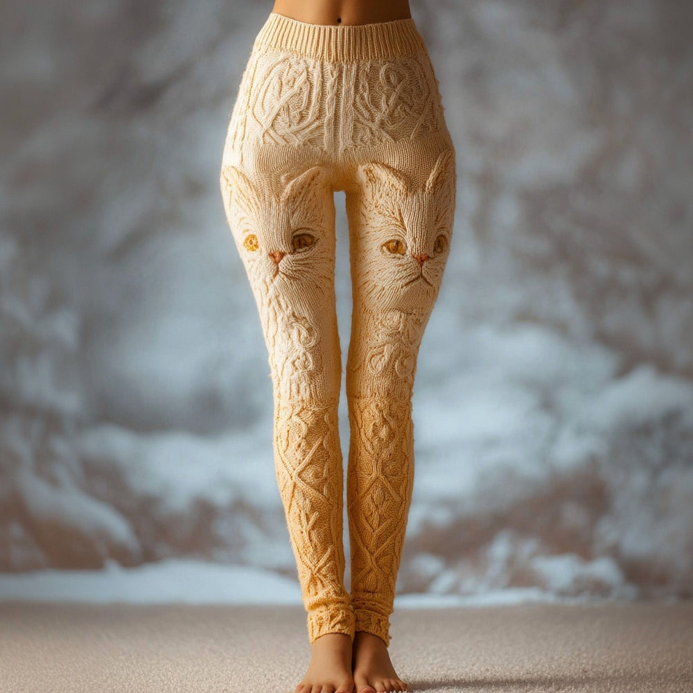 Comstylish Cute Cat Face Jacquard Gradient Cozy Knit Leggings
