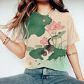 Casual Cute Cat And  Lotus Print Crew Neck T-Shirt elevenforest