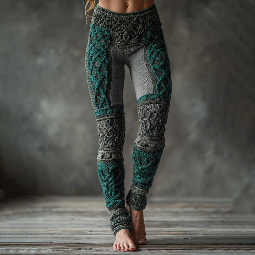 Comstylish Christmas Celtic Knot Knit Jacquard Cozy Leggings