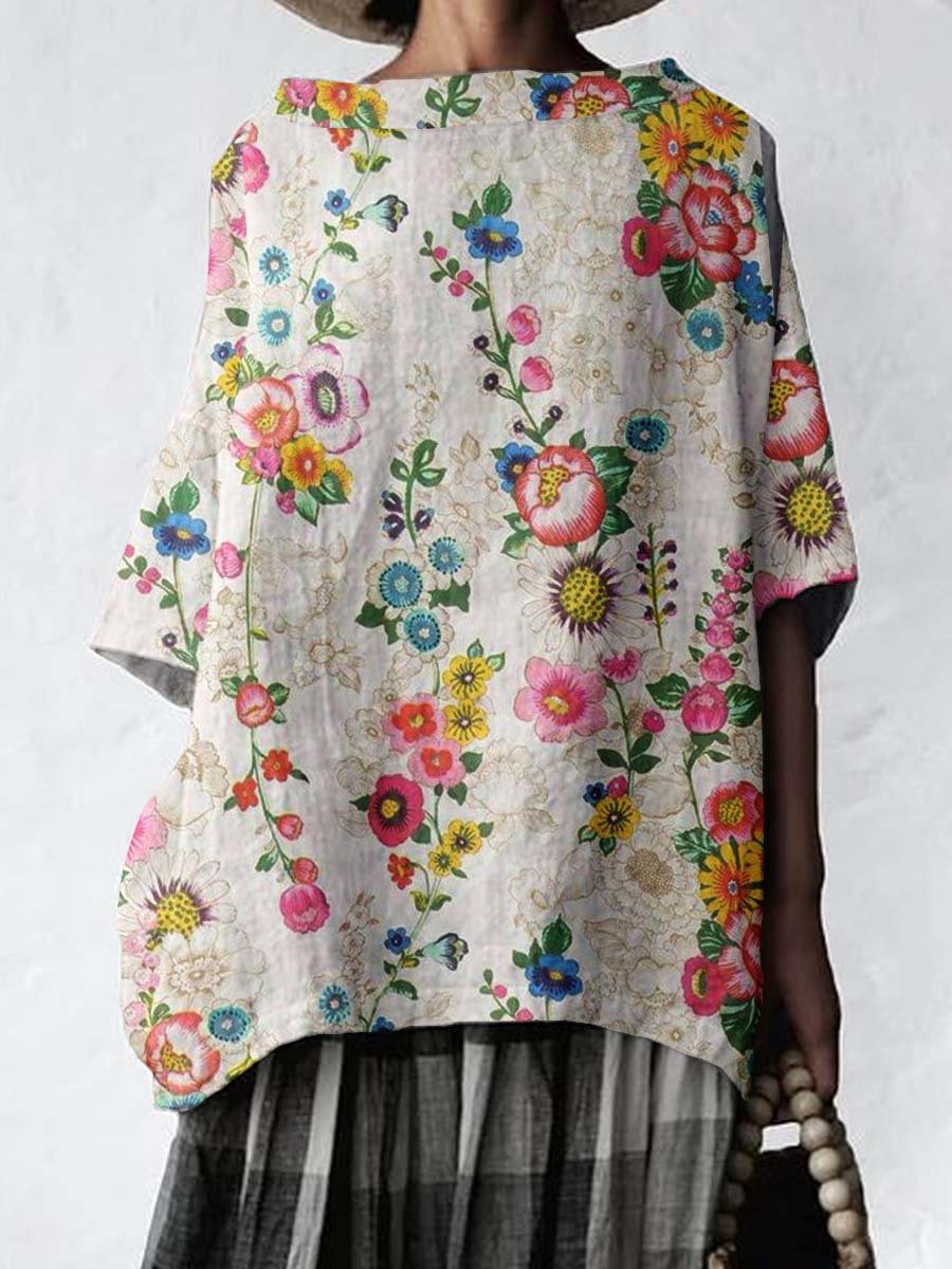 Women's Elegant Floral Round Neck Cotton and Linen Top