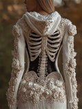 Comstylish Vintage Skeleton Beaded White Roses Cozy Knit Hooded Cardigan