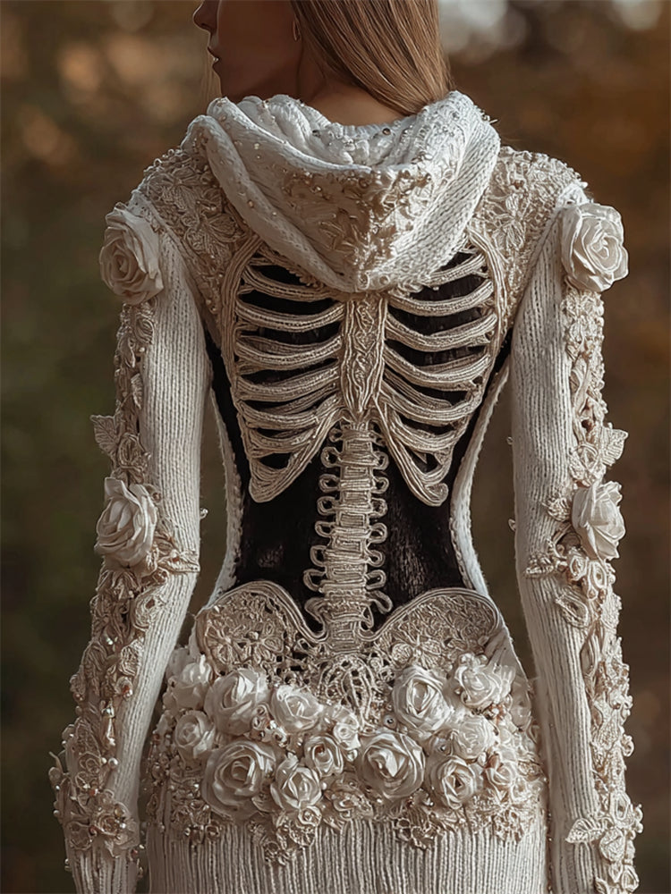 Comstylish Vintage Skeleton Beaded White Roses Cozy Knit Hooded Cardigan