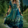Classy Gradient Blue Rose And Floral Embroidered Linen Maxi Dress artswardrobe