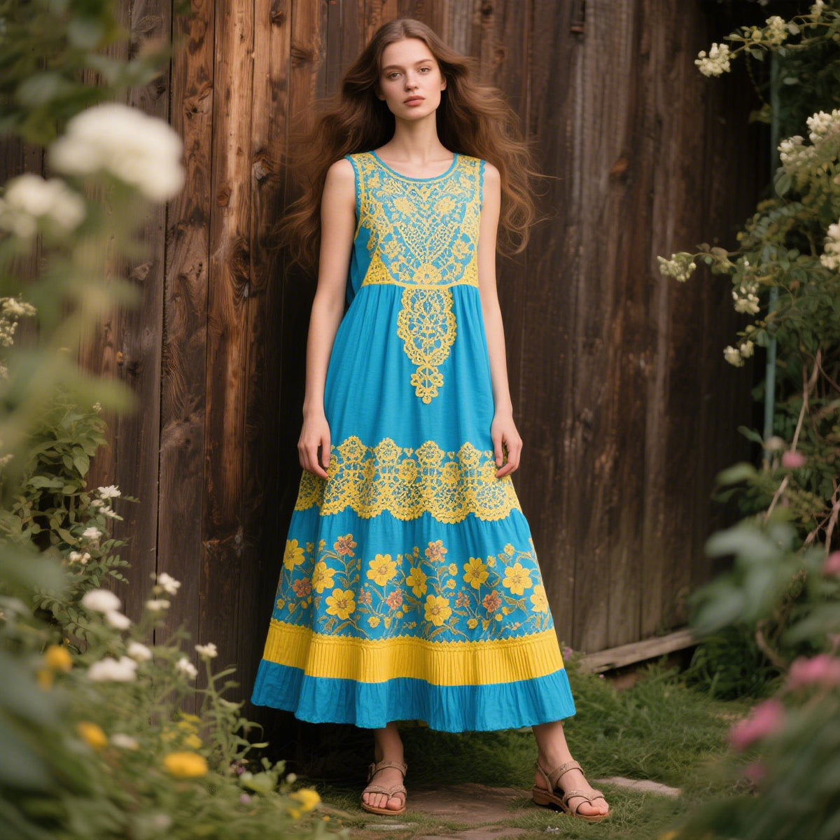 Vintage Sunflower Embroidery Pattern Cotton And Linen Sleeveless Dress artswardrobe