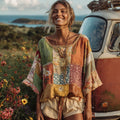 Countryside Style Collection Classy Patchwork Floral Pattern Art Linen Round Neck Tshirt artswardrobe