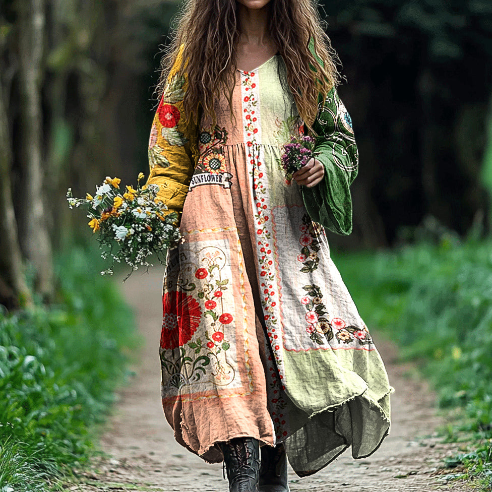 Women's Vintage Tribal Floral Art Cotton And Linen Dress artswardrobe