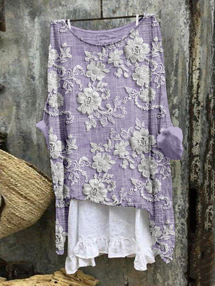 Comstylish Vintage Floral Lace Embroidered Linen Blend Flowy Tunic