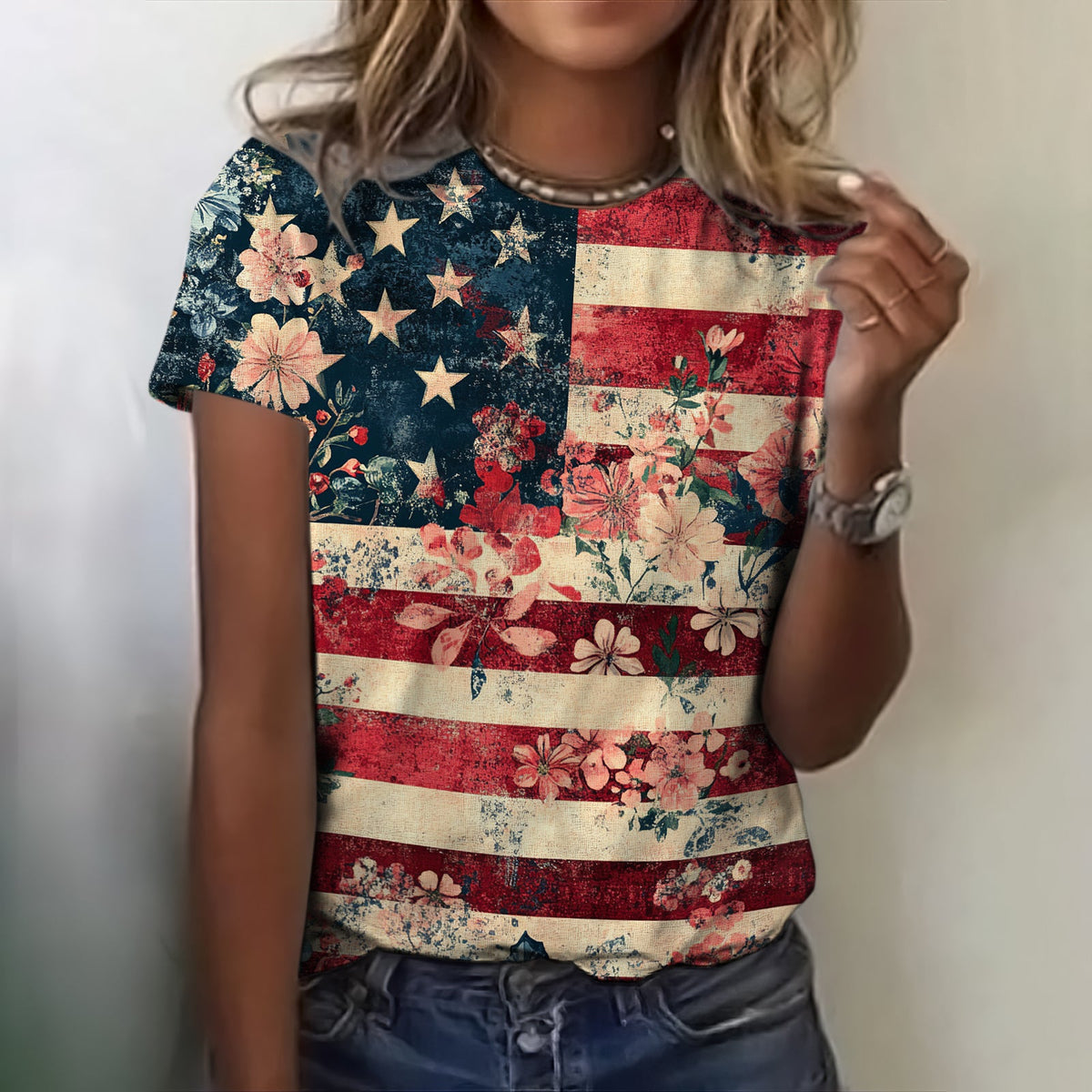 Women's Independence Day Flag And Floral Print T-shirt artswardrobe