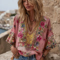 Women's Vintage Bohemian Floral Embroidery Art V-neck T-shirt
