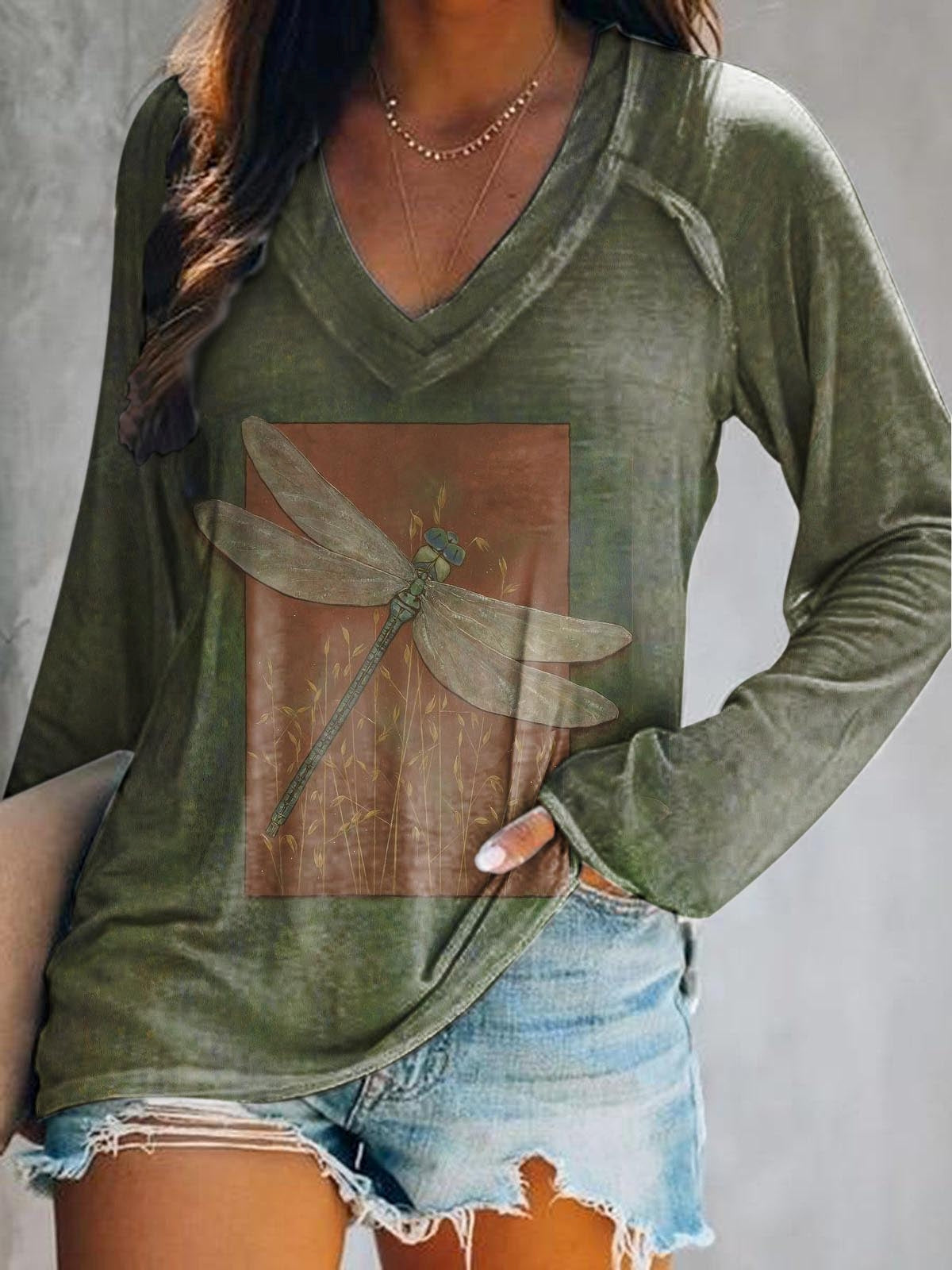 Women's Vintage Dragonfly Art Print Casual V-Neck Long Sleeve T-Shirt