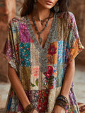 Bohemian Style Patchwork Multi-colored Flower Embroidery Diamond Vintage V-neck Short-sleeved Long Dress artswardrobe