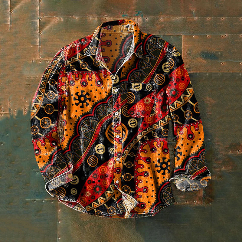 Men's Vintage Peace And Love Daisy Art Print Linen Lapel Long Sleeve Shirt artswardrobe