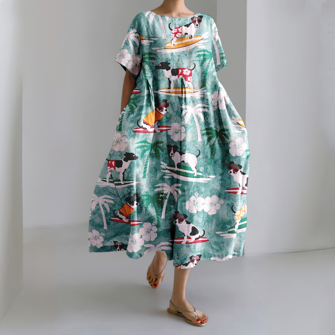 Comstylish Retro Coconut Surfer Puppy Print Loose Midi Dress
