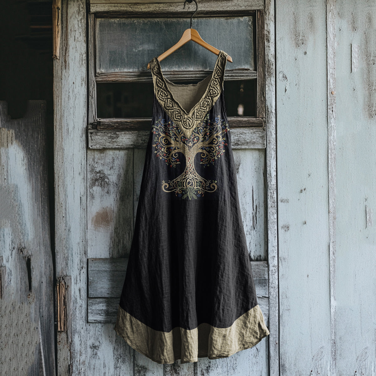 Women's Vintage Viking Tree Of Life Art Linen Tank Dress artswardrobe
