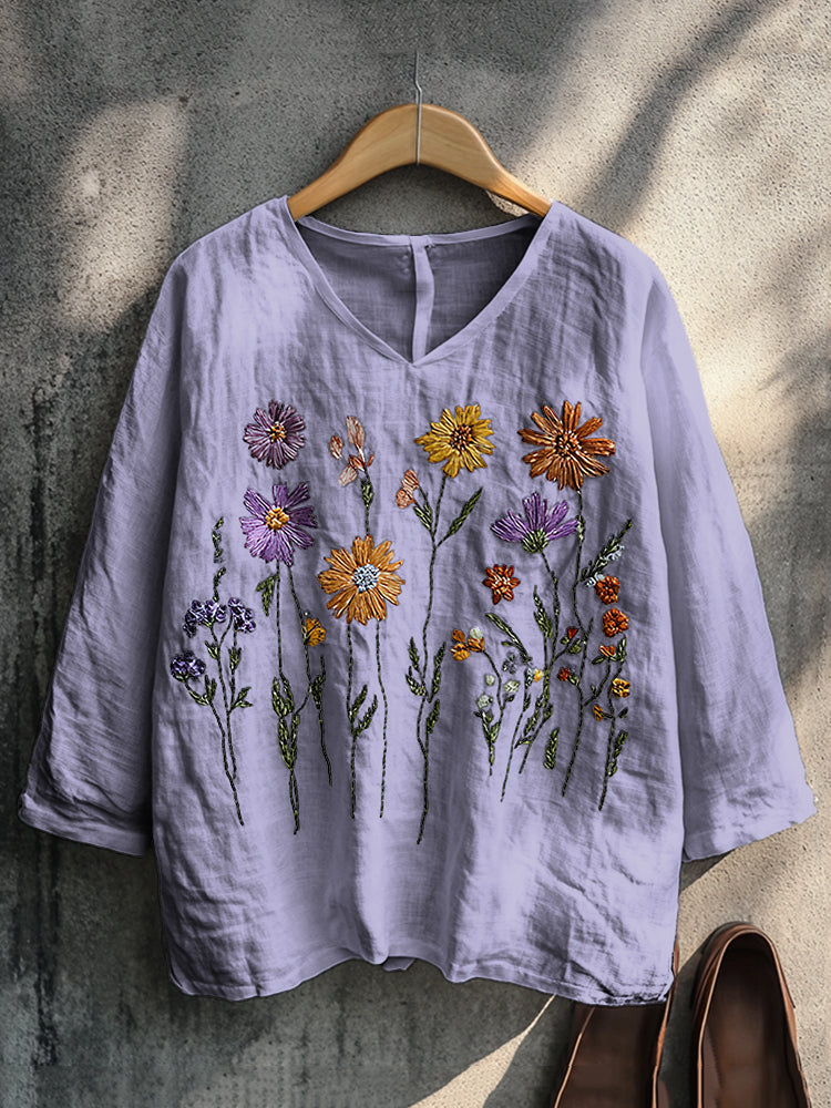 Comstylish Boho Floral Embroidery Print Cotton And Linen Blend Loose Blouse