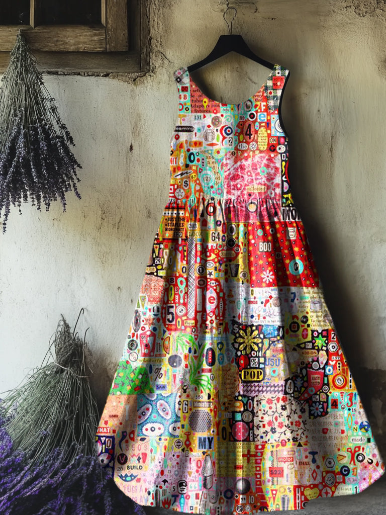 Women's Vintage Bohemian Floral Art Print Sleeveless Cotton Pocket Dre