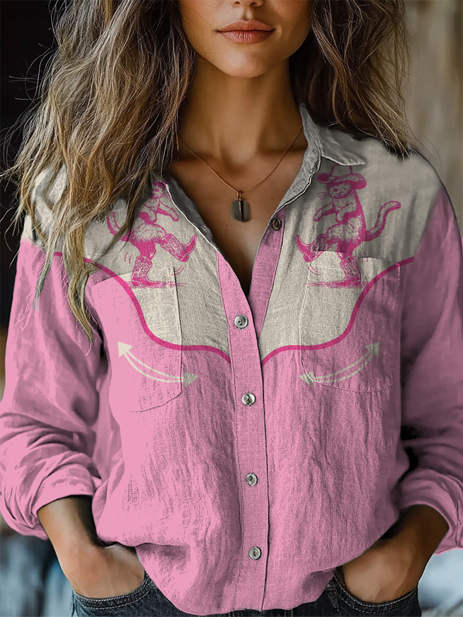 Western Cowgirl Cat Graphic Printed Women's Casual Long Sleeve Comfort