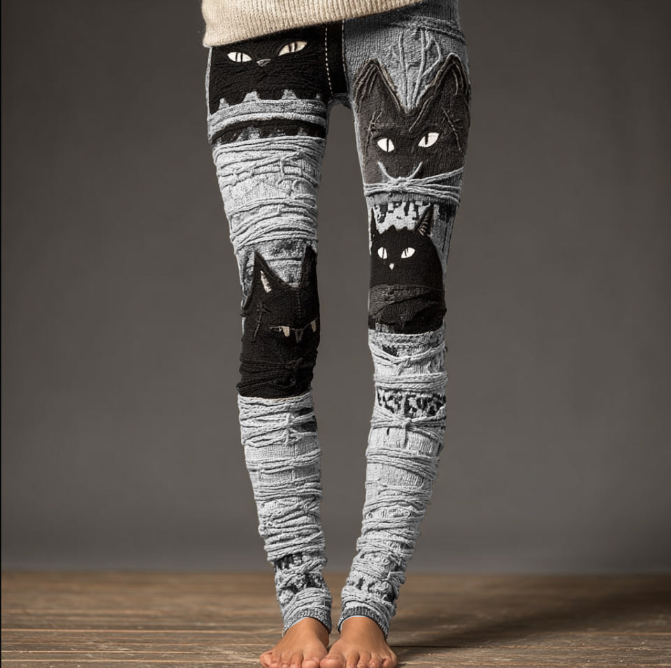 Comstylish Halloween Fun Cat Design Women's Knitted Leggings