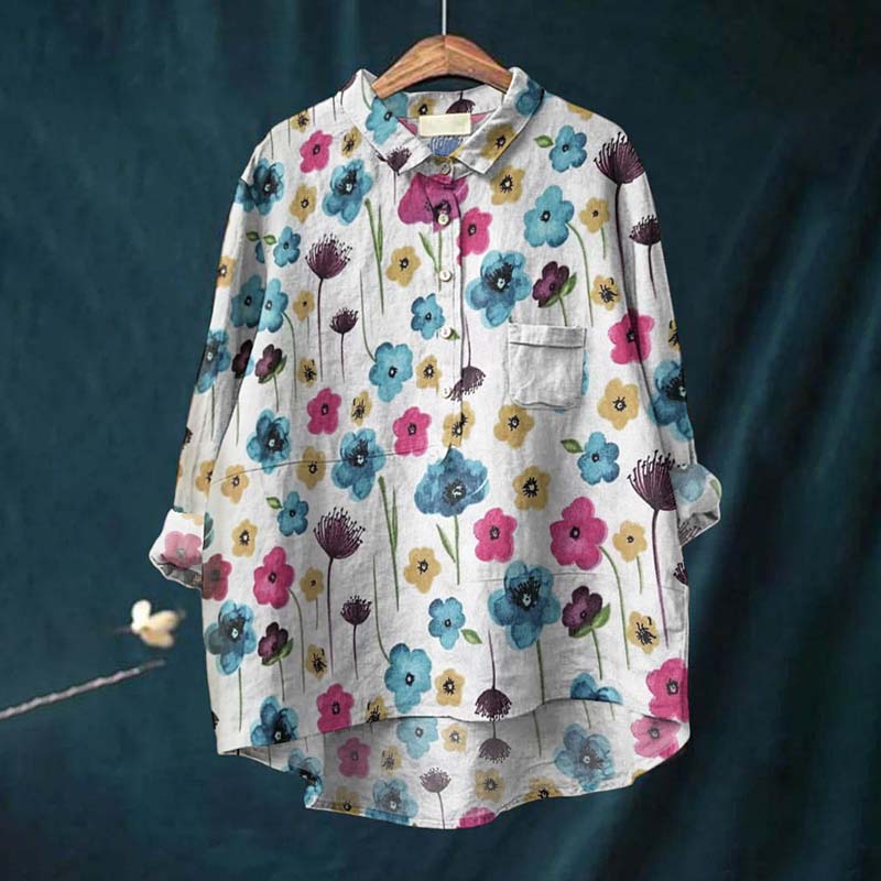 Comstylish Vintage Floral Art Print Casual Cotton Linen Shirt