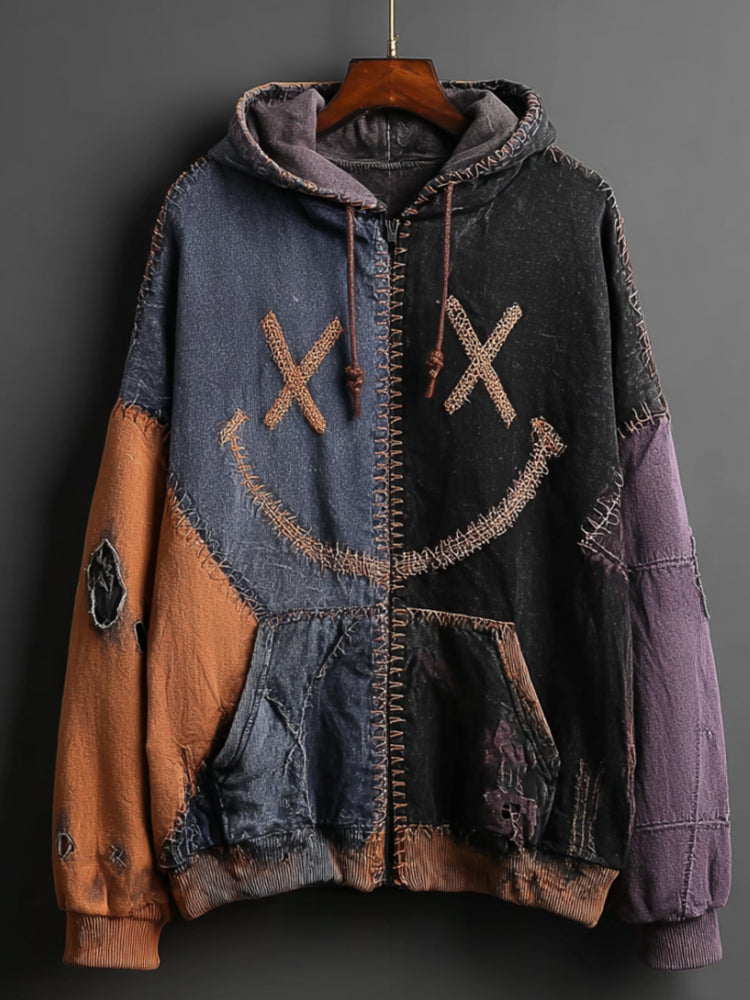 Comstylish Halloween Pumpkin Smiley Face Patchwork Dark-colored Hoodie Cardigan