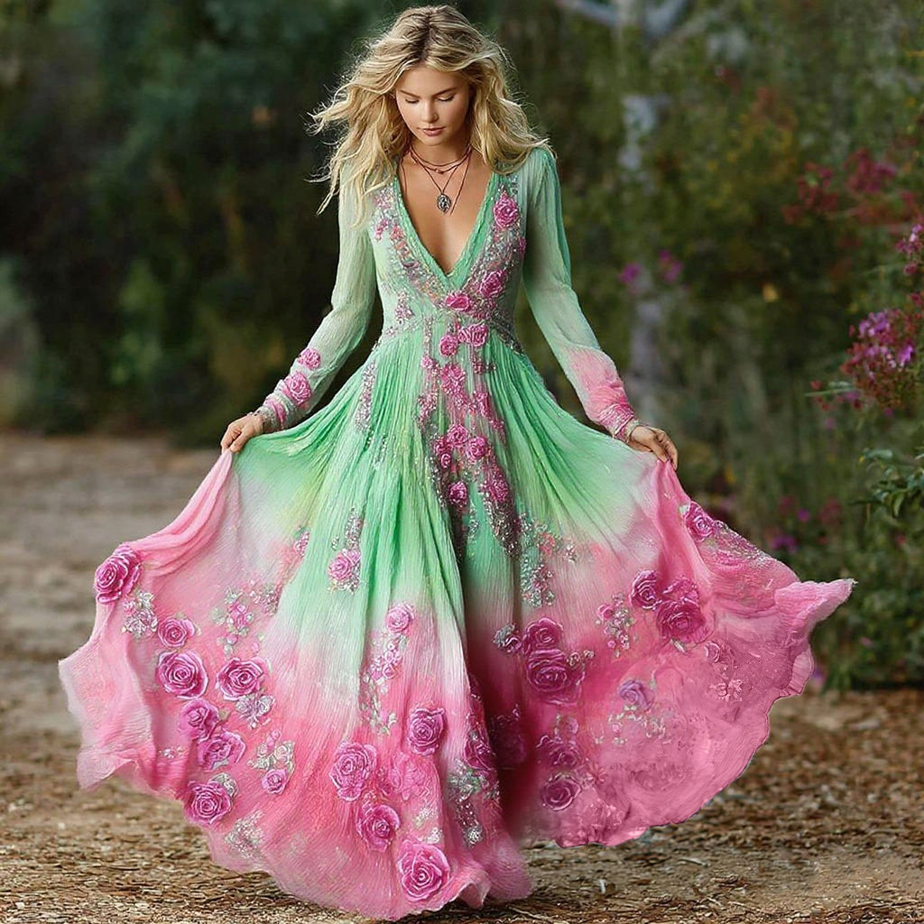 Women's Vintage Purple Rose Art Pattern Gradient Long Sleeve Dress artswardrobe