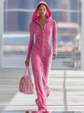 Sporty Zip-up Hooded Leopard-print Velvet Maxi Dress