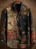 Western Style Retro Cotton And Linen Men's Casual Short-sleeve Shirt With Floral And Animal Elements artswardrobe