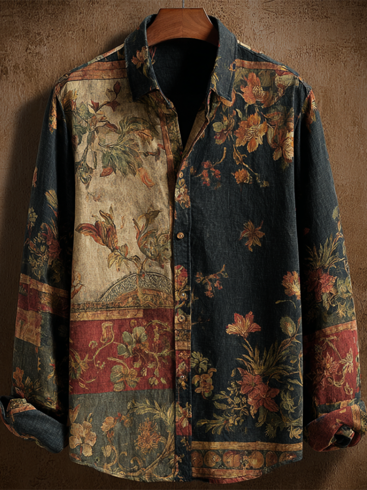 Western Style Retro Cotton And Linen Men's Casual Short-sleeve Shirt With Floral And Animal Elements artswardrobe