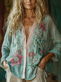 Women's Casual Bohemian Linen Floral Style Long-sleeve Top Shirt artswardrobe