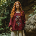 Retro Bohemian Floral Art Embroidery Print Cotton And Linen Blend Loose Blouse artswardrobe