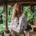 Comstylish Retro Bohemian Floral Lace Art Cotton And Linen Blend Loose Blouse