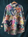 Women's Graffiti Heart Print Print Casual Cotton And Linen Shirt