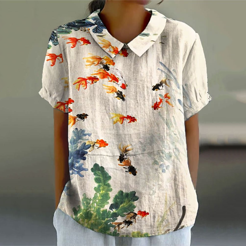 Comstylish Retro Watercolor Fish Art Pattern Printed Casual Women's  Cotton Linen Shirt