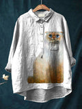 Vintage Funny Cat Art Print Casual Cotton And Linen Shirt