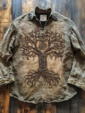 Viking Inspired Tree Of Life Embroidered Vintage Linen Shirt artswardrobe