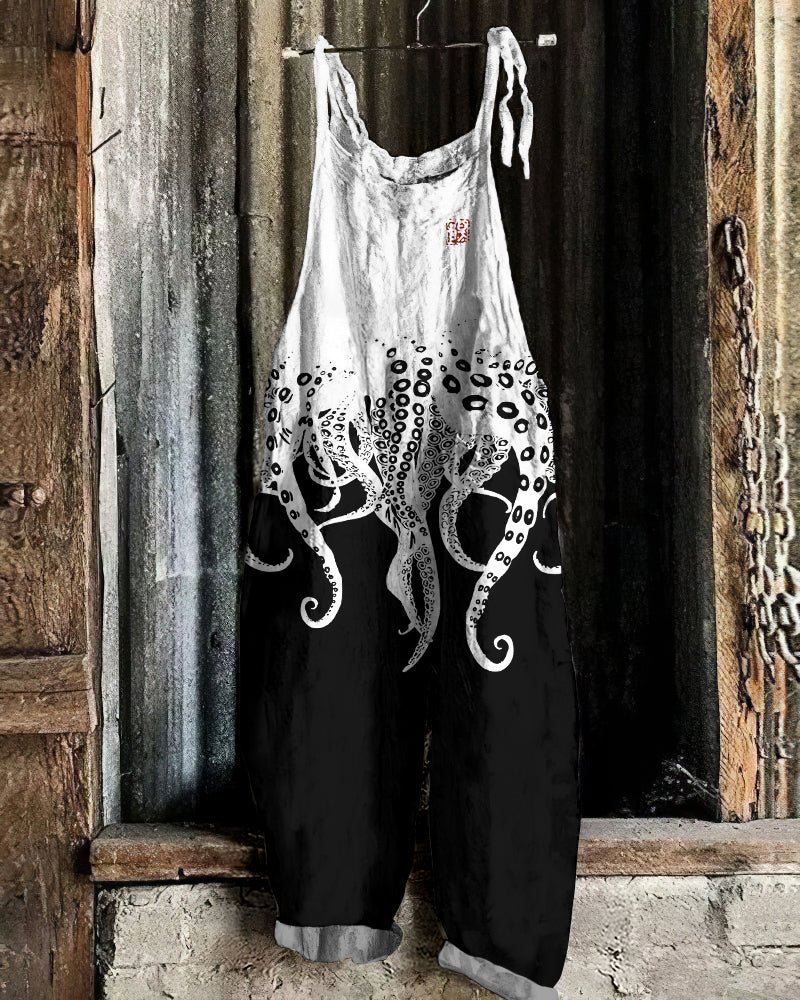 Comstylish Vintage Japanese Art Octopus Legs Print Casual Linen Blend Loose Jumpsuit