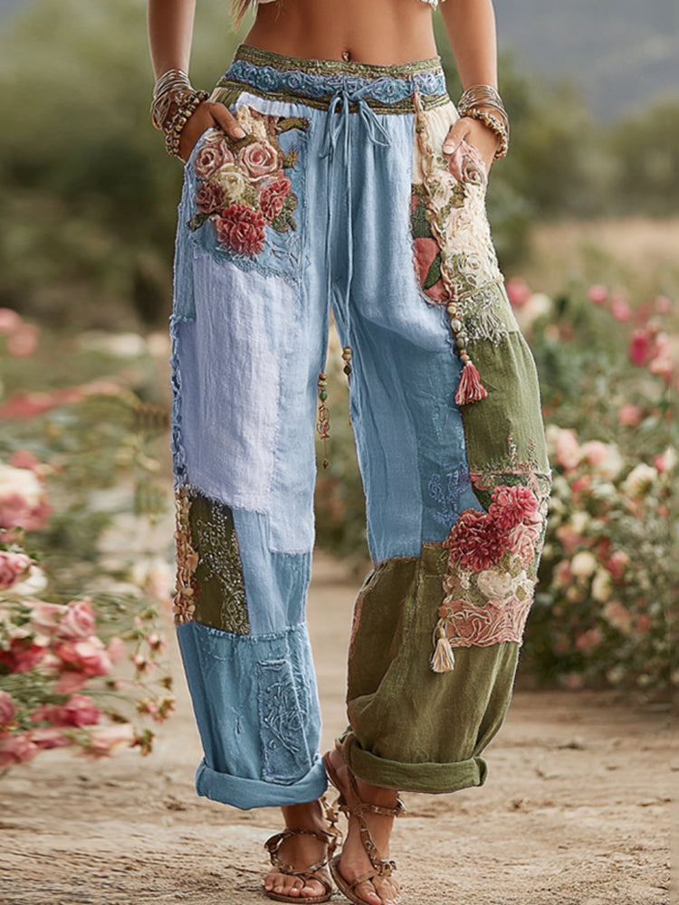 Love & Health Collection Retro Rose And Floral Patchwork Art Linen Pants artswardrobe