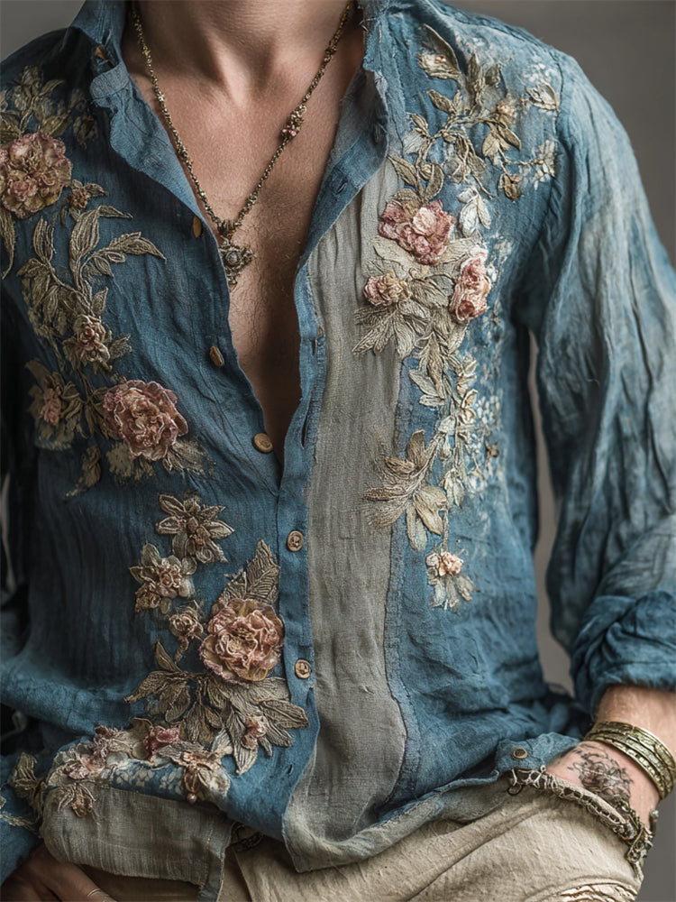Men's Vintage Floral Embroidered Breathable Linen Shirt artswardrobe