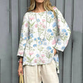 Women's Vintage Flowers Art Print Linen T-shirt artswardrobe