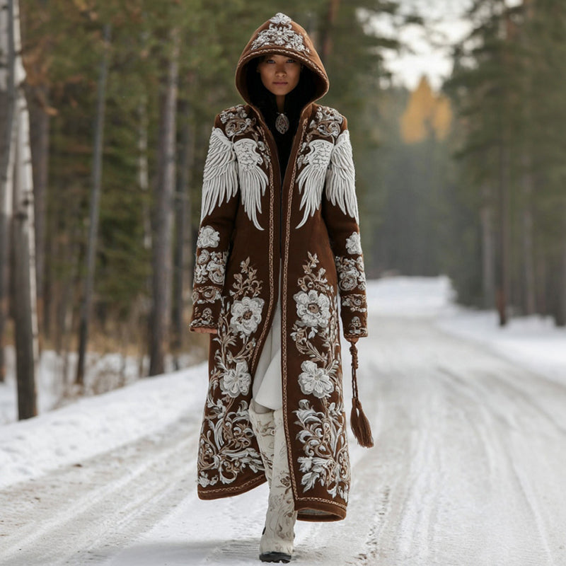 Comstylish Women's Retro Celtic Style Wings And Botanical Pattern Comfortable Hooded Cardigan Sweater
