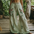 Vintage Bohemian Floral Art Printed Cotton Linen Wide Leg Pants artswardrobe