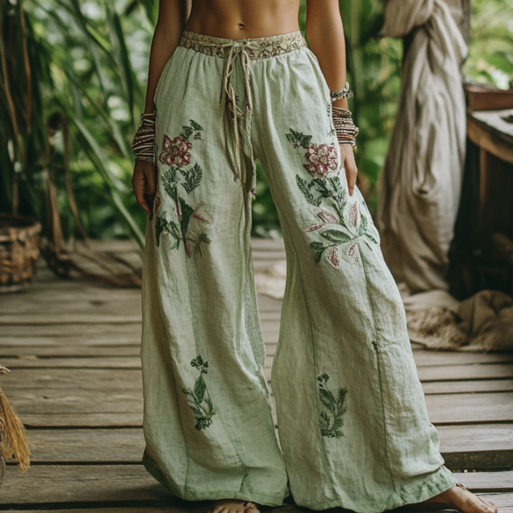 Vintage Bohemian Floral Art Printed Cotton Linen Wide Leg Pants artswardrobe