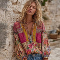Comstylish Women's Vintage Bohemian Floral Embroidery Art V-neck Long Sleeve Linen Blend T-shirt