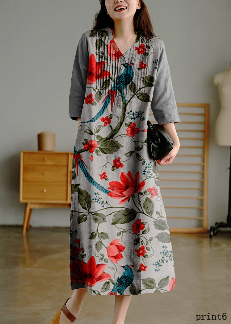 Orange Loose Linen Long Dresses Button Half Sleeve