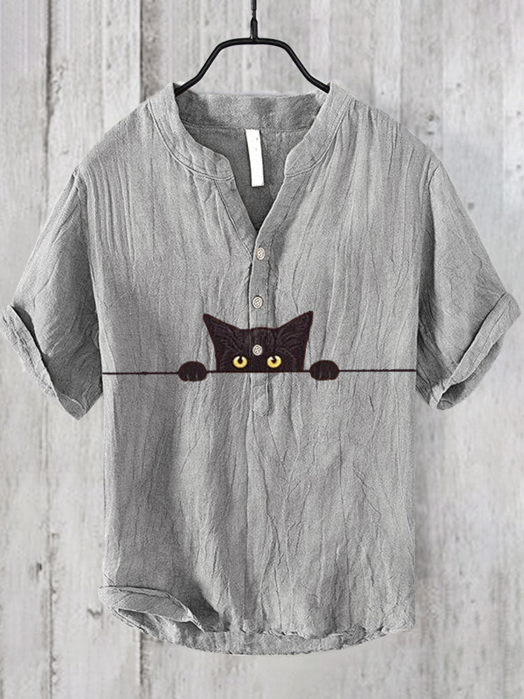Japanese Art Black Cat Print Cotton Blend Shirt elevenforest
