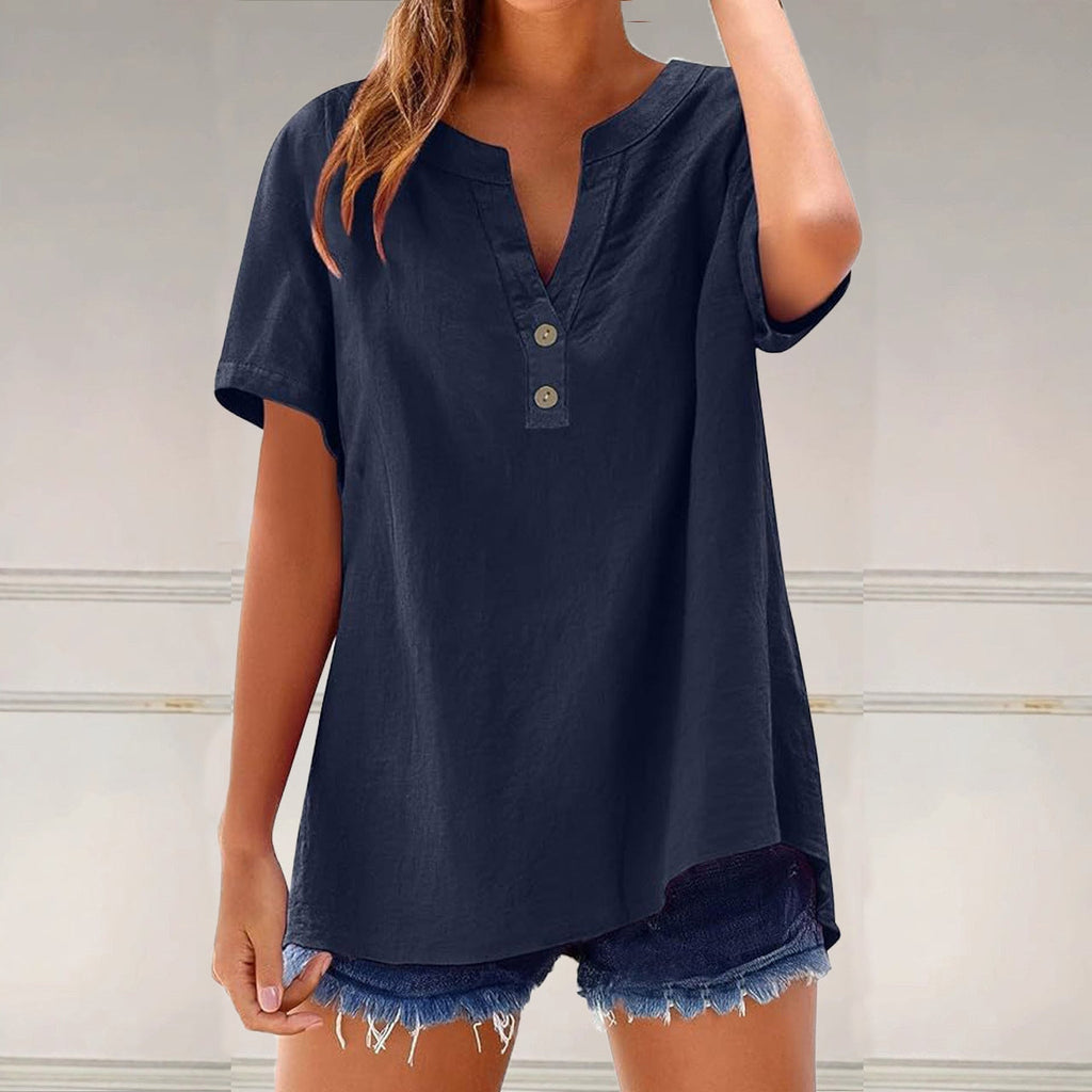 Comstylish Solid Color Linen Blended V-neck Loose Blouse