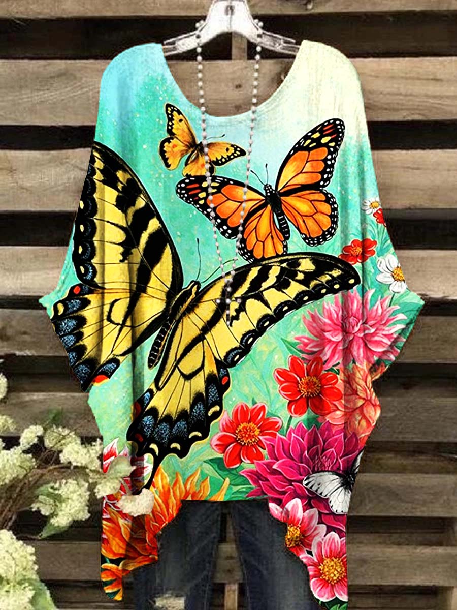 Women's Round Neck Abstract Butterfly Floral Pattern Top
